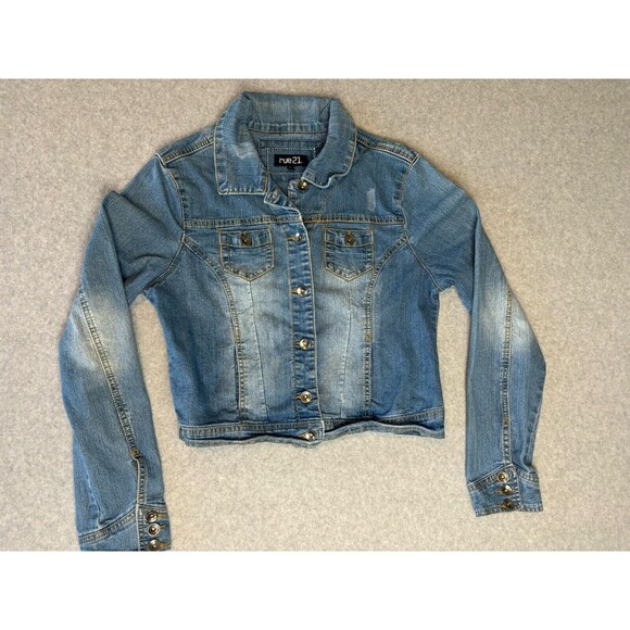 Rue 21 Denim Jean Jacket Cropped Distressed Juniors Women’s Size‎ Large - Picture 1 of 13